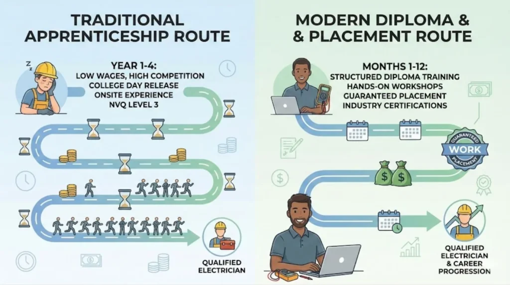 two electrician career paths a traditional apprenticeship and high competition, versus a modern diploma route completed in 12 months with structured training