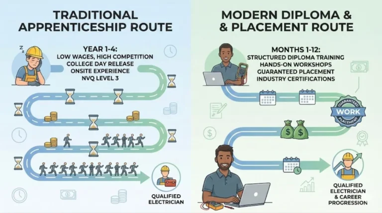 two electrician career paths a traditional apprenticeship and high competition, versus a modern diploma route completed in 12 months with structured training