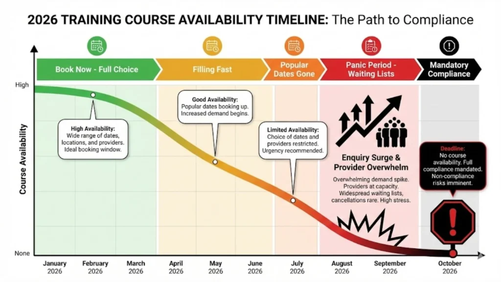 2026 training course availability timeline showing declining places from early booking to mandatory compliance deadline in October.