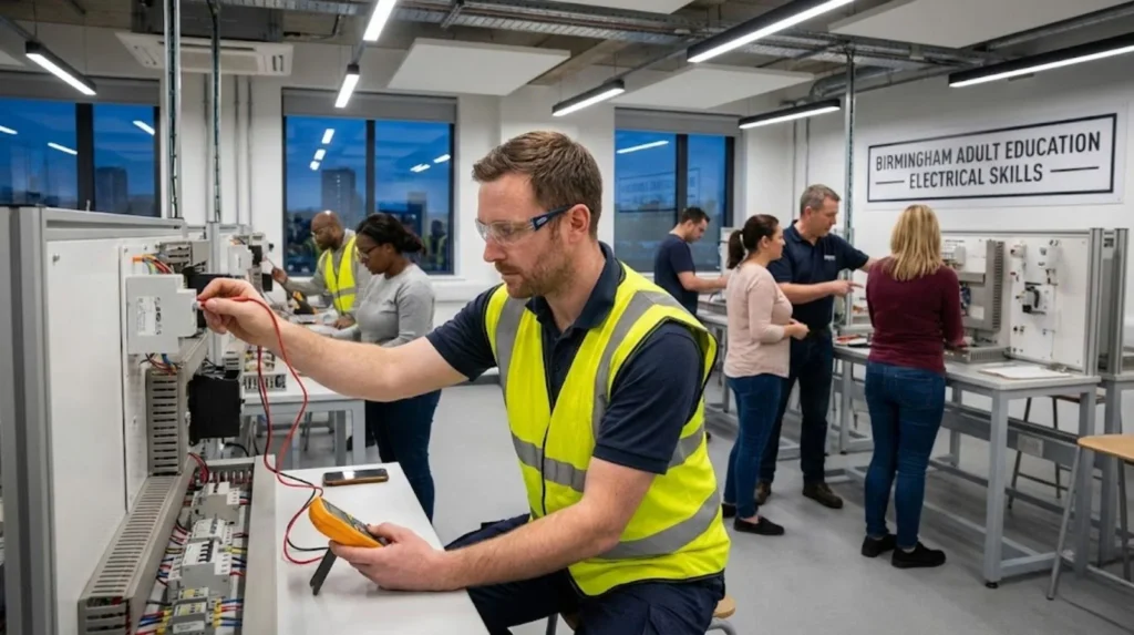 Adult career changer studying electrical installation in Birmingham evening training course