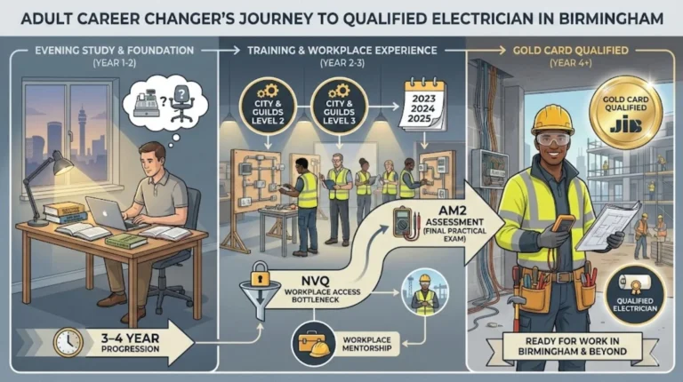 Adult career changer’s pathway to becoming a qualified electrician in Birmingham, from evening study to NVQ, AM2, and ECS Gold Card