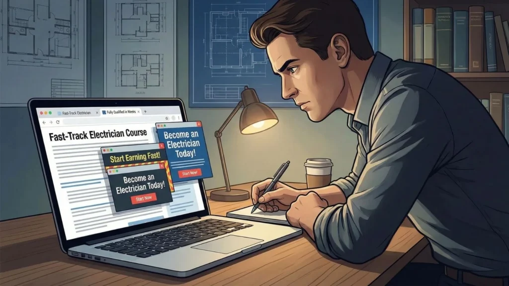 Adult learner researching a fast-track electrician course online, taking notes at a desk with training ads visible on a laptop screen.