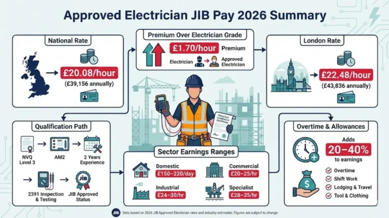 Approved Electrician JIB pay rates for 2026, including national and London rates, qualification path, and overtime allowances