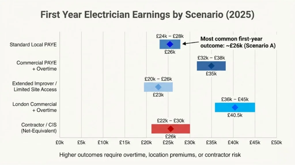 Bar chart comparing first-year electrician earnings across five scenarios: standard local PAYE £24k-£28k, commercial with overtime £32k-£38k, extended improver £20k-£26k, London commercial £36k-£45k, contractor £22k-£30k net-equivalent