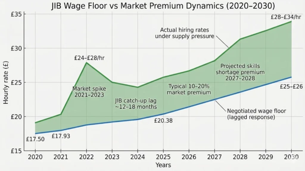 Chart showing JIB wage floor (blue line) tracking below market clearing rates (green line) by 10-20% typically, with lag-adjusted catchup pattern preventing wage collapse during downturns while allowing temporary premiums during acute shortages 2027-2028