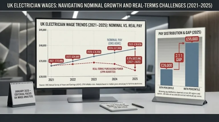 Chart showing UK electrician wages from 2021–2025, comparing rising nominal pay with declining real-terms purchasing power and a widening pay gap in 2025.