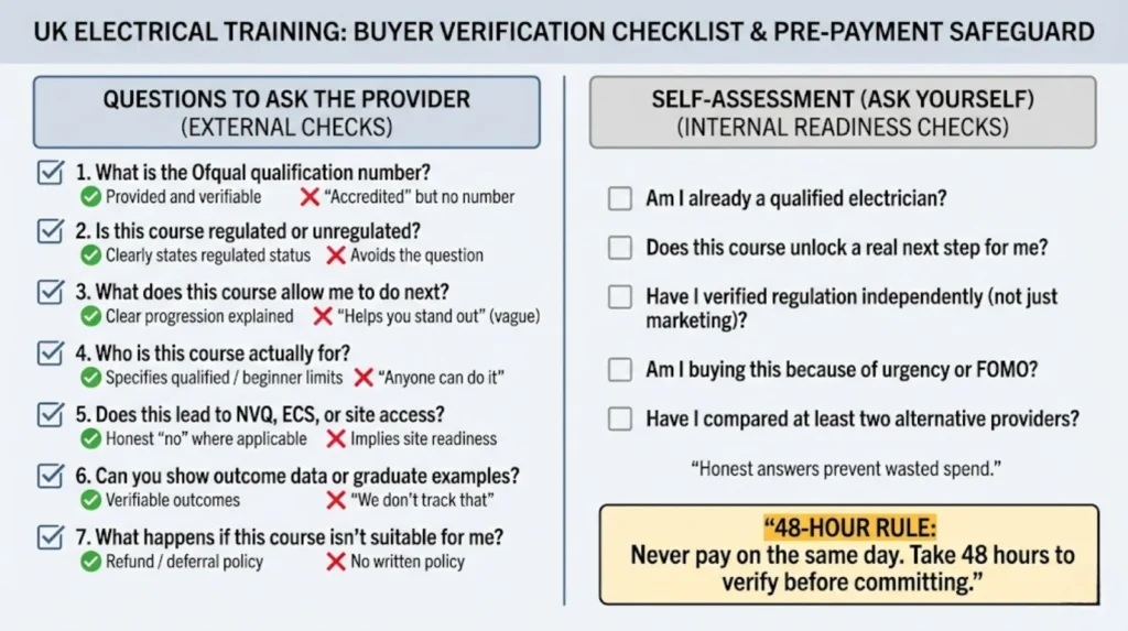Checklist graphic showing questions to ask an electrical training provider and self-assessment checks to verify course legitimacy before payment.