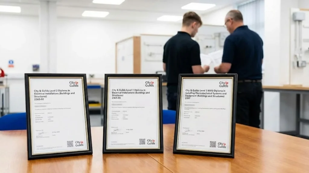 City & Guilds electrical qualification certificates showing Level 2, Level 3, and NVQ Level 3 progression