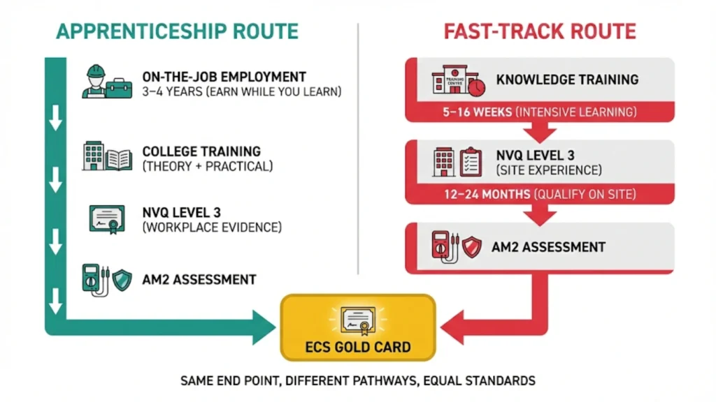 Comparison diagram showing apprenticeship and fast-track routes to becoming a qualified electrician