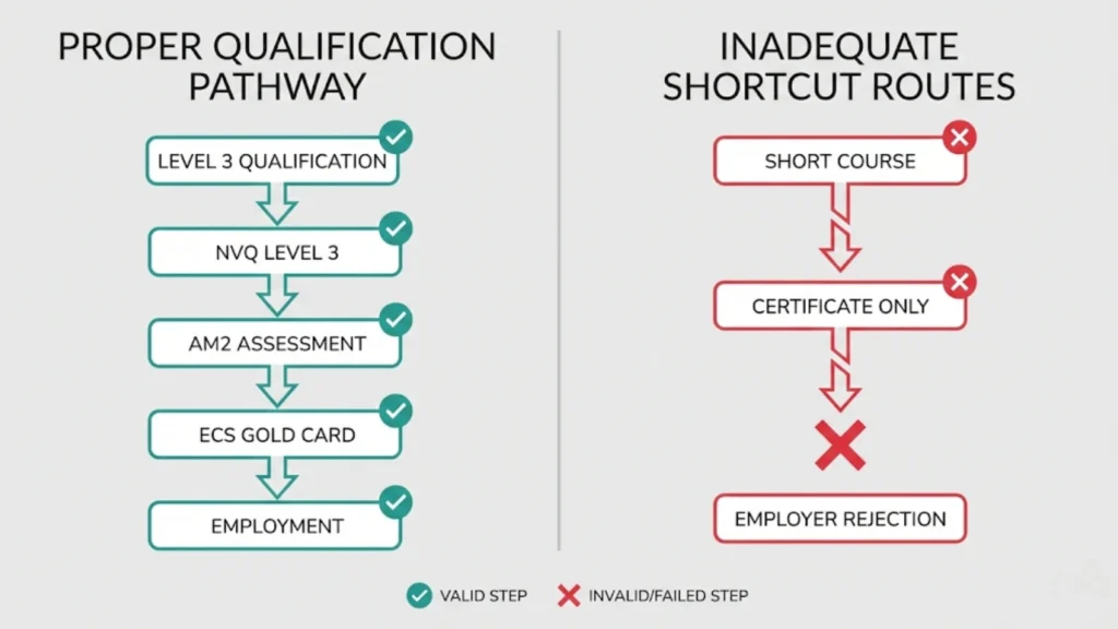 Comparison diagram showing the proper electrician qualification pathway versus short-course shortcuts