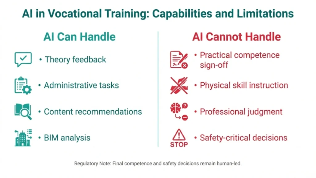 Comparison matrix showing what AI can and cannot do in vocational education