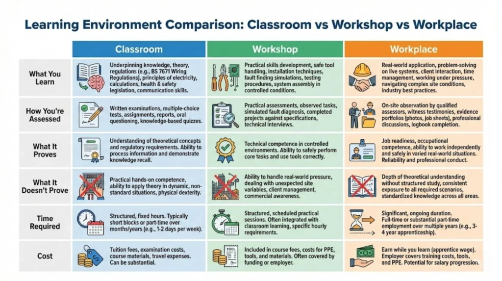Comparison table showing classroom, workshop, and workplace learning environments with specific content, assessment methods, and outcomes