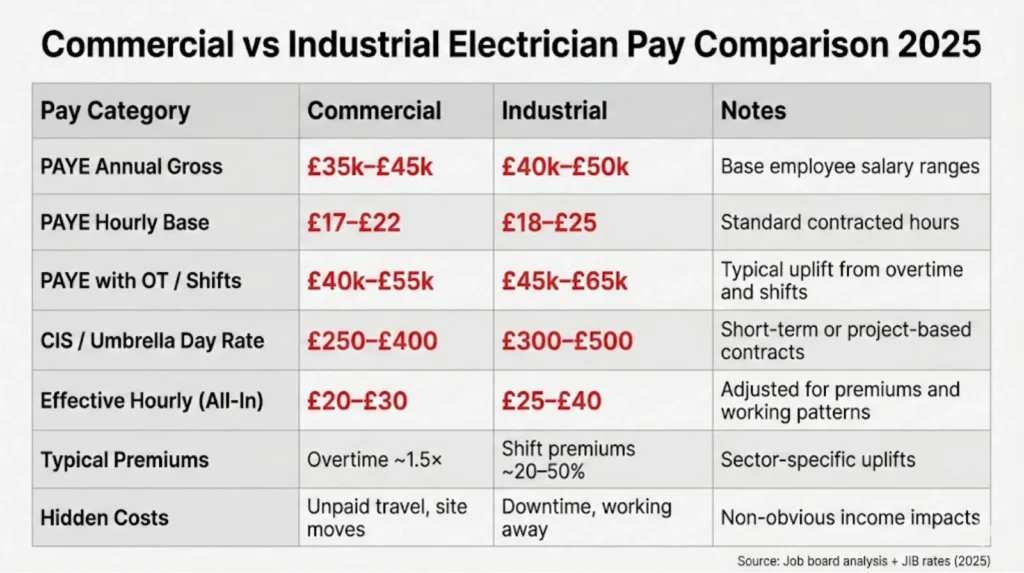 Comparison table showing commercial electrician pay (£35k-£45k PAYE, £250-£400/day CIS) versus industrial electrician pay (£40k-£50k PAYE, £300-£500/day CIS) with premium structures and effective hourly rates