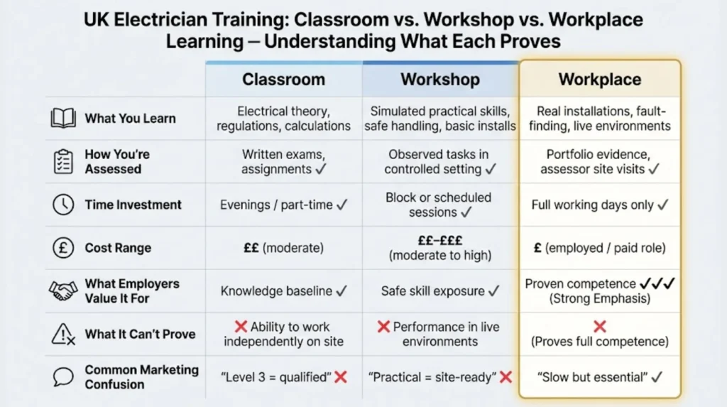 Comparison table showing differences between classroom theory, workshop simulation, and workplace evidence in Birmingham elec training