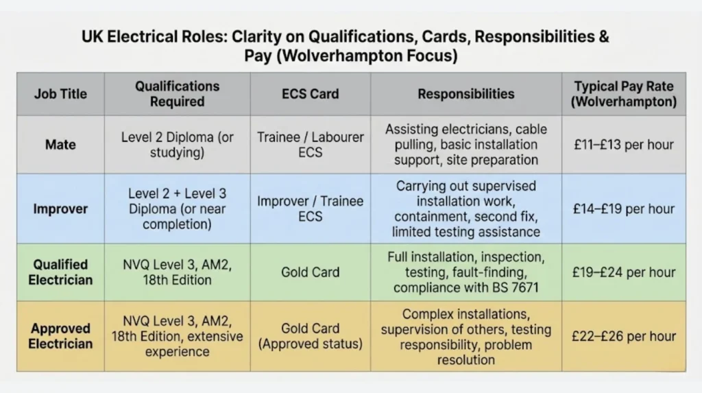 Comparison table showing electrical job roles from mate to approved, with qualification requirements and Wolverhampton pay rates at each level
