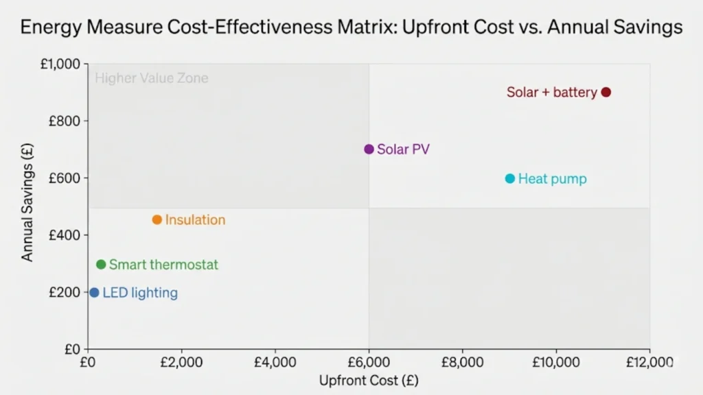 Cost-effectiveness matrix showing energy measures plotted by upfront cost versus annual savings