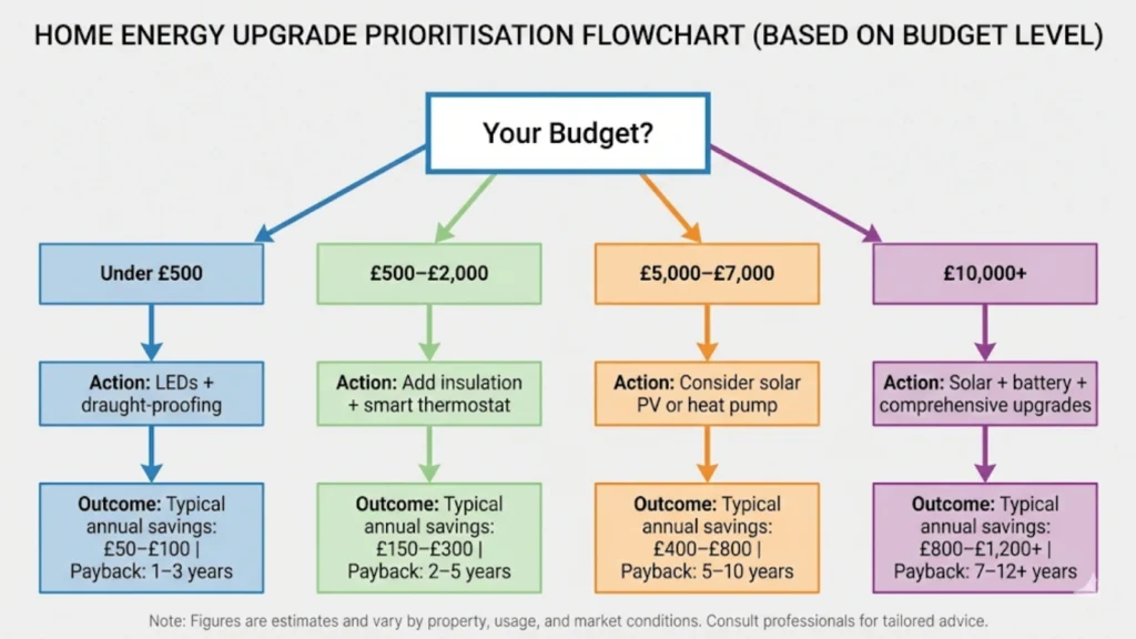 Decision tree showing home energy upgrade options based on budget level and expected savings