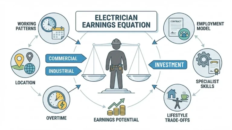 Diagram illustrating the electrician earnings equation, showing how sector, location, overtime, skills, investment, and employment model affect pay.