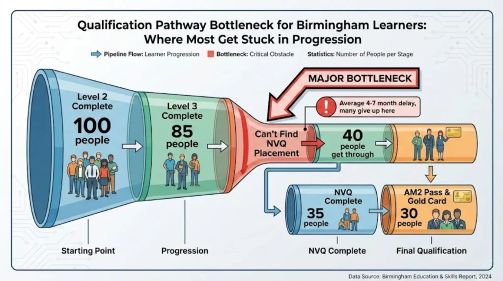 Diagram showing qualification pathway bottleneck where Birmingham learners struggle to transition from Level 3 completion to NVQ workplace access