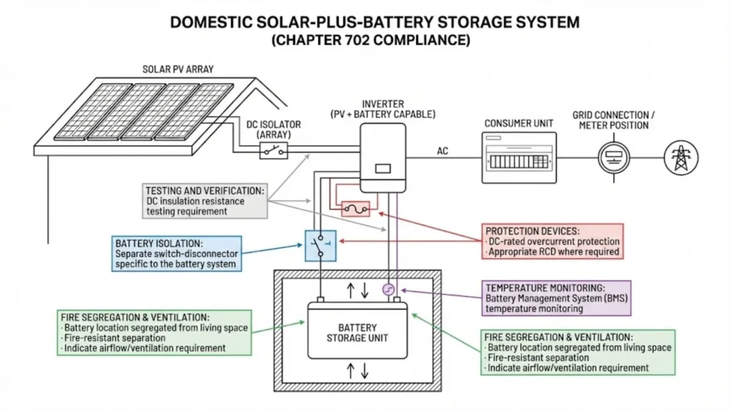Domestic solar PV and battery storage system diagram showing Chapter 702 compliance requirements.