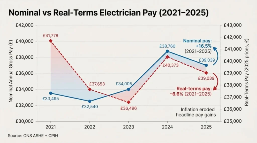 Dual-line graph comparing nominal electrician pay (rising 16.5% to £39,039) against real-terms pay adjusted for inflation (declining 6.6% from £41,778 to £39,039 in purchasing power) 2021-2025