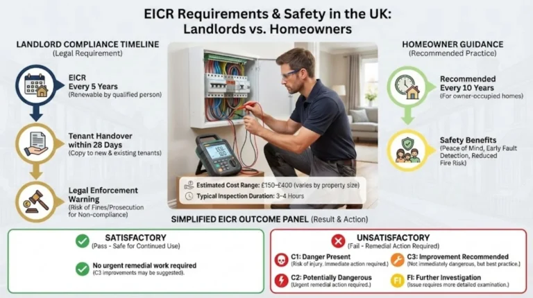 EICR overview showing landlord legal duties versus homeowner guidance, inspection outcomes, and typical costs.