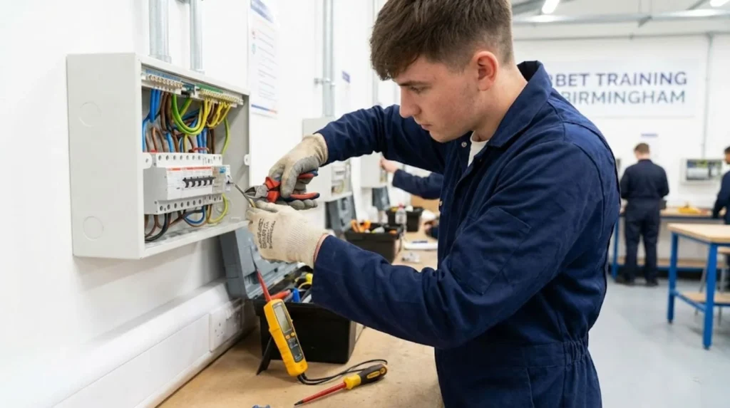 Electrical apprentice practicing consumer unit installation and termination techniques in Birmingham training workshop