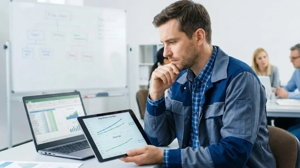 Electrician analyzing wage growth projections and career progression data for strategic planning 2026-2030