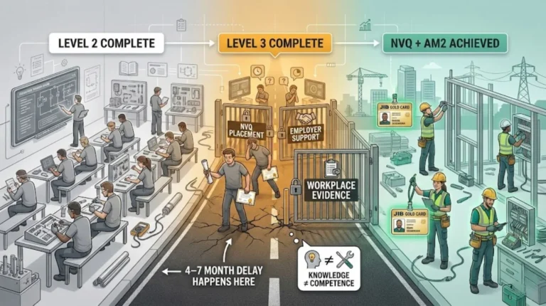 Electrician pathway showing Level 2 and Level 3 classroom training, a delay at NVQ placement and workplace evidence, and progression to NVQ + AM2 with ECS Gold Card.