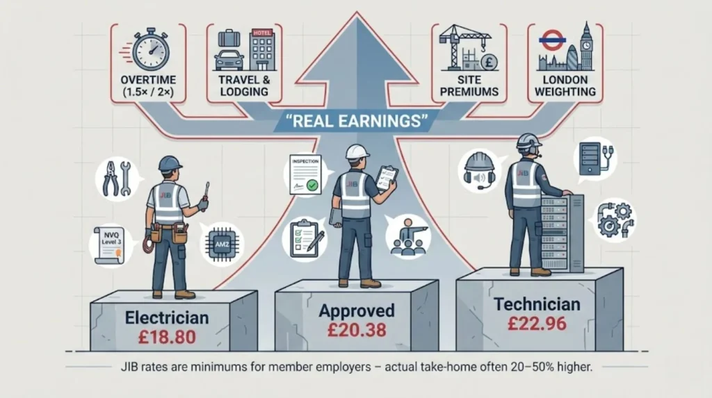 Electrician pay progression from Electrician to Approved and Technician, with overtime, travel, site premiums, and London weighting increasing real earnings.