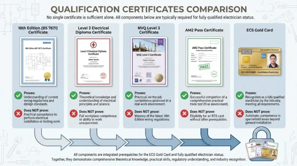 Electrician qualification certificates, showing what the 18th Edition, Level 3 Diploma, NVQ Level 3, AM2, and ECS Gold Card each prove