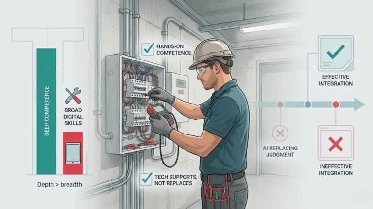Electrician working onsite with icons showing effective technology use in training