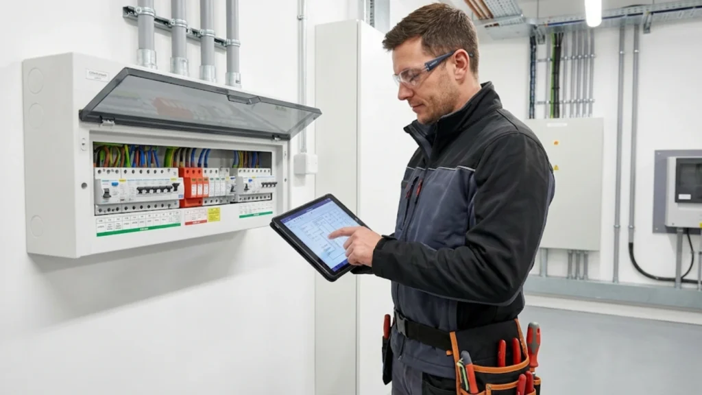 Electrician working with modern electrical technology and protection devices