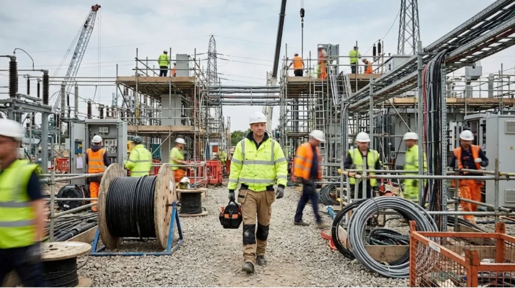Electricians working on a large industrial construction site with cable reels, scaffolding, and electrical infrastructure in progress.