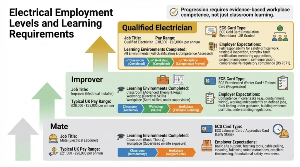 Employment progression diagram showing mate, improver, and qualified electrician levels with learning environment requirements and pay ranges in Wolverhampton