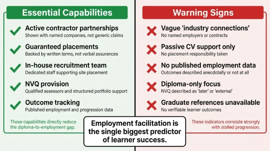 Essential training provider capabilities versus warning signs, highlighting factors that support or block electrician employment progression.
