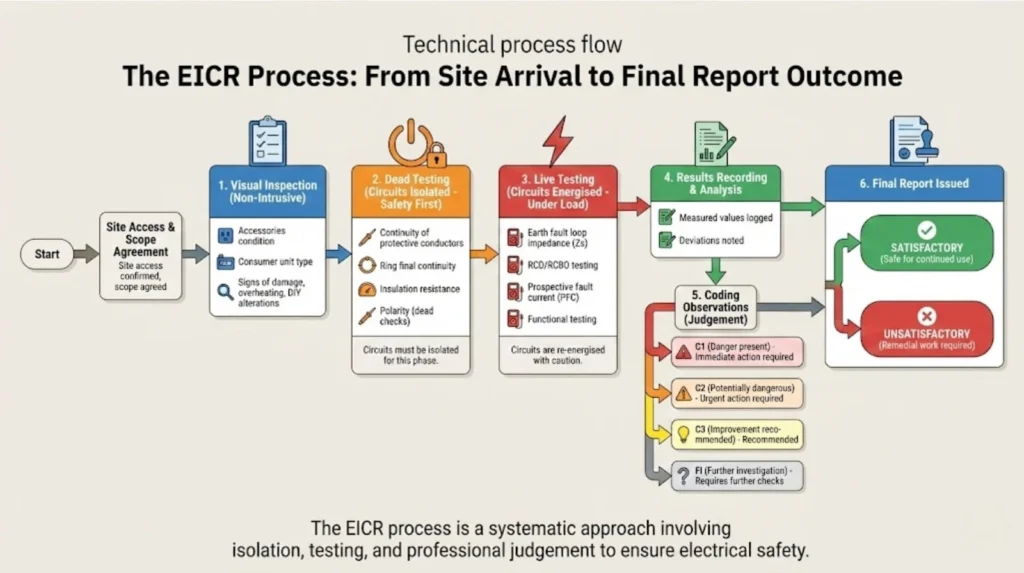Flowchart diagram showing EICR electrical inspection testing process from visual inspection through to final report