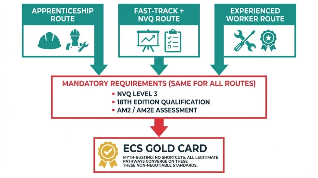 Flowchart showing multiple training routes all leading to the same ECS Gold Card requirements