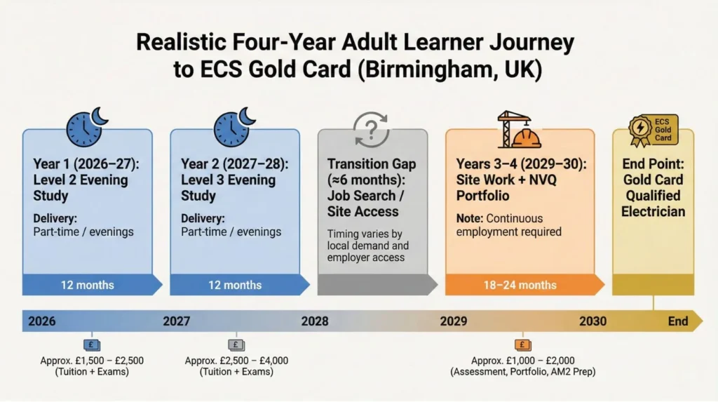 Four-year timeline showing realistic progression for Birmingham adult learners from evening Level 2 study to qualified electrician status