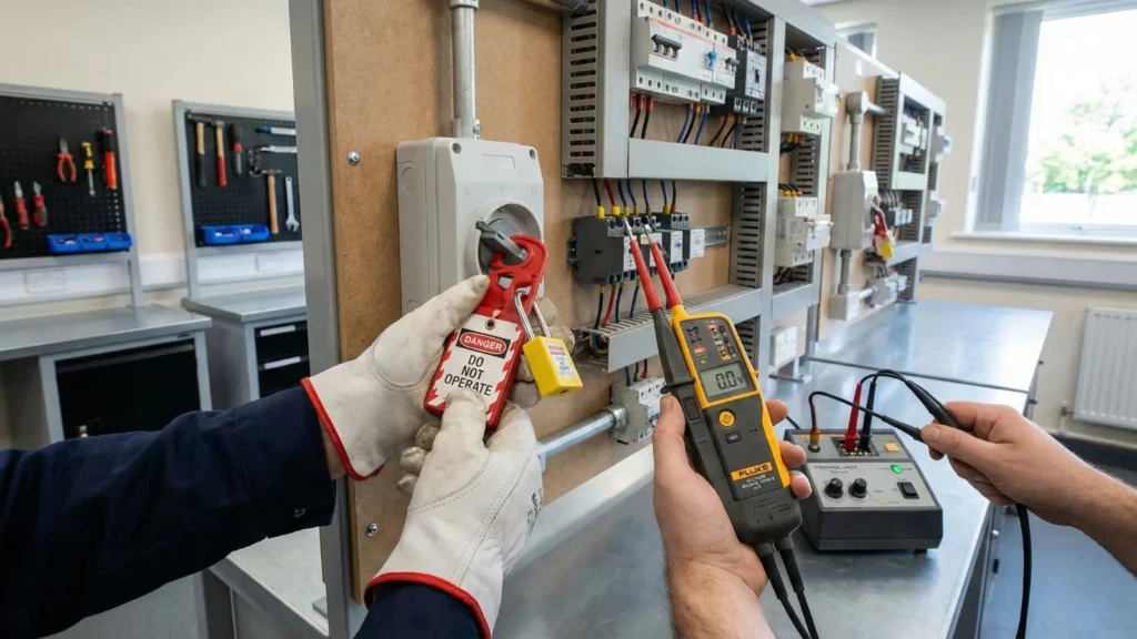 Hands applying a lock-off kit and voltage tester showing 0V.
