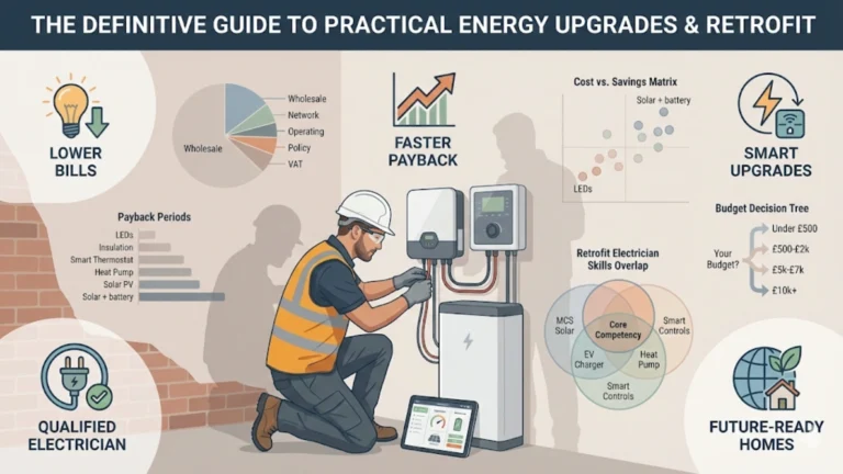 Illustrated featured image of an electrician working onsite with icons and shadow diagrams explaining energy upgrades, costs, savings, and retrofit decisions