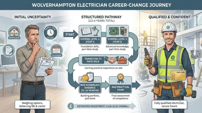 Illustrated roadmap titled “Wolverhampton Electrician Career-Change Journey,” showing progression from initial uncertainty through evening Level 2 and Level 3 study, transition to a mate role, NVQ workplace evidence, AM2 assessment, and finally a confident, fully qualified electrician holding an ECS Gold Card.