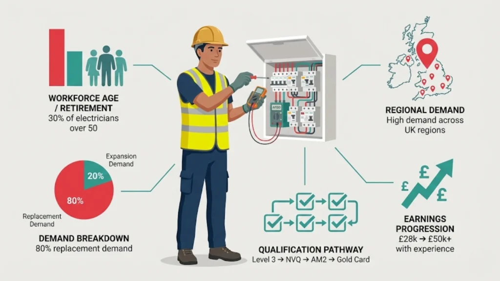 Illustration of a UK electrician working onsite with icons showing workforce age, demand, earnings, and qualification pathways