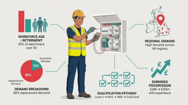 Illustration of a UK electrician working onsite with icons showing workforce age, demand, earnings, and qualification pathways