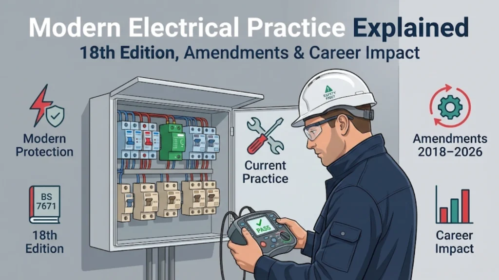 Illustration of a modern electrician working with current protection devices under the 18th Edition