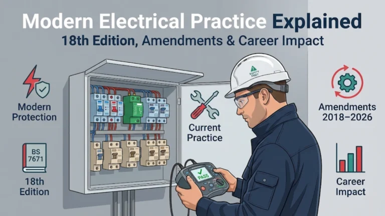 Illustration of a modern electrician working with current protection devices under the 18th Edition