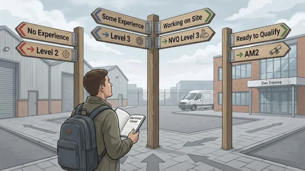 Illustration of an electrical career pathway showing routes from no experience to NVQ Level 3 and AM2.