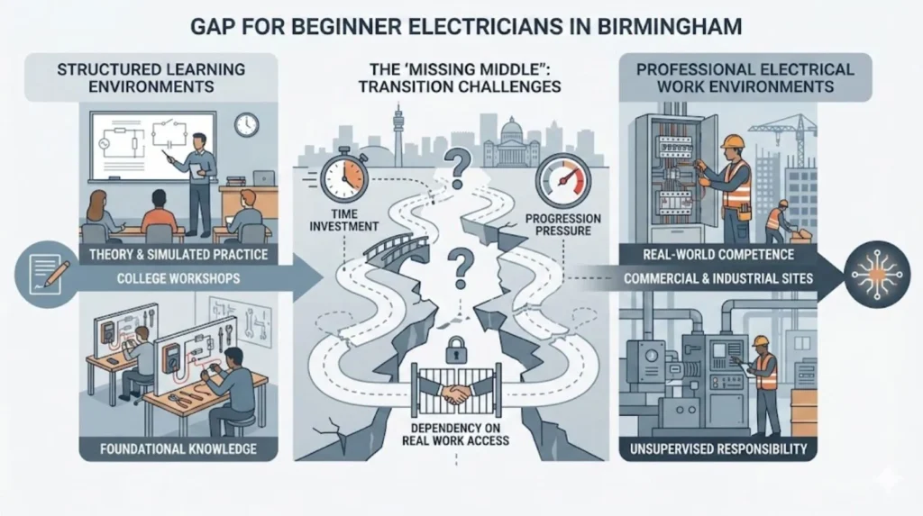 Illustration showing the gap between college-based electrical training and real-world site work for beginner electricians in Birmingham.