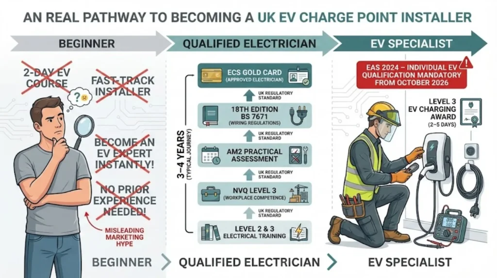 Infographic showing the realistic pathway to becoming a UK EV charge point installer, from beginner through qualified electrician to EV specialist, highlighting required qualifications.