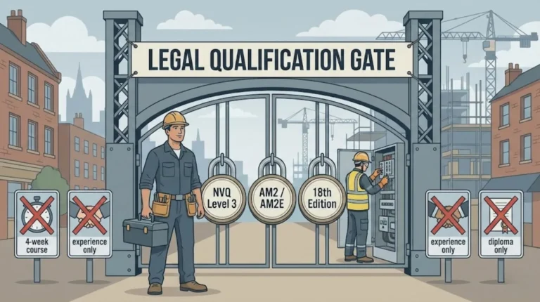 Legal Qualification Gate showing that NVQ Level 3, AM2AM2E, and the 18th Edition are required to qualify, while short courses, experience-only, or diploma-only routes are rejected.